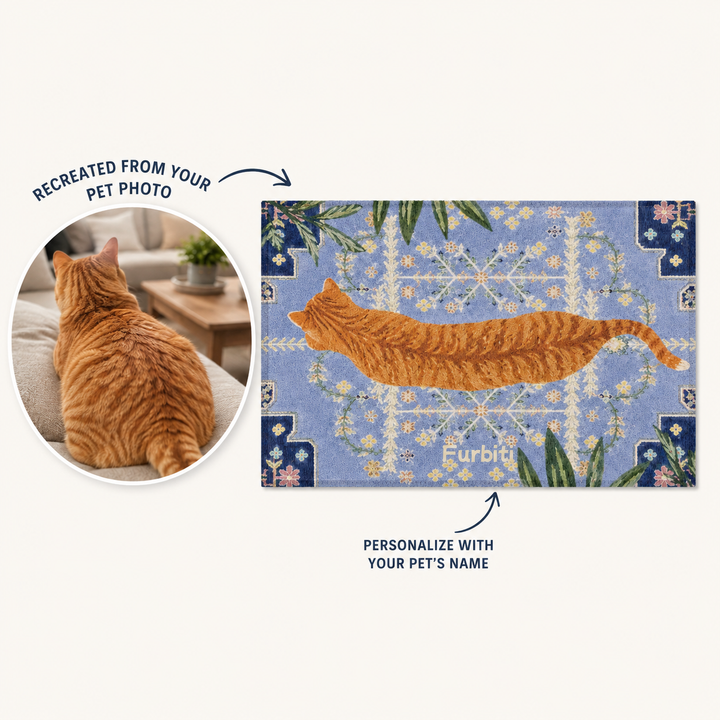 Custom Ornamental Pet Portrait Area Rug – Vintage Blue Tile