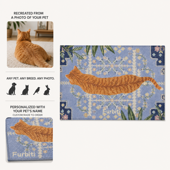Custom Ornamental Pet Portrait Area Rug – Vintage Blue Tile