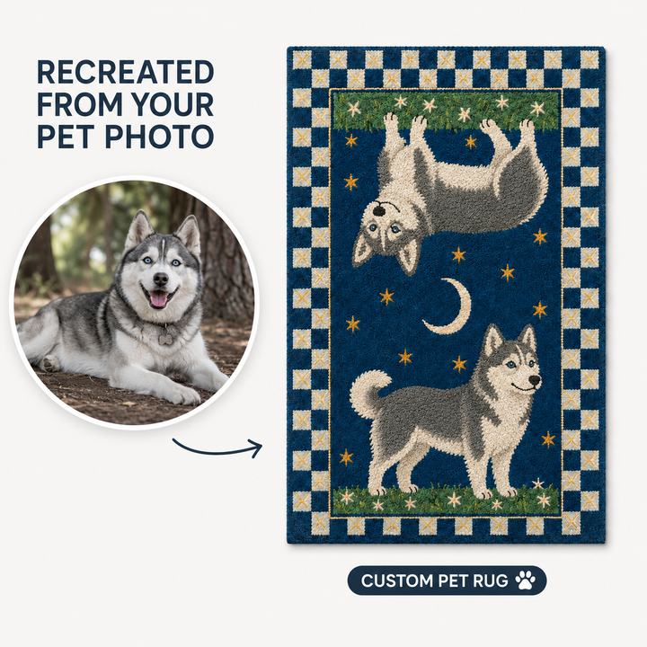 Custom Celestial Pet Portrait Area Rug – Moon & Stars Design