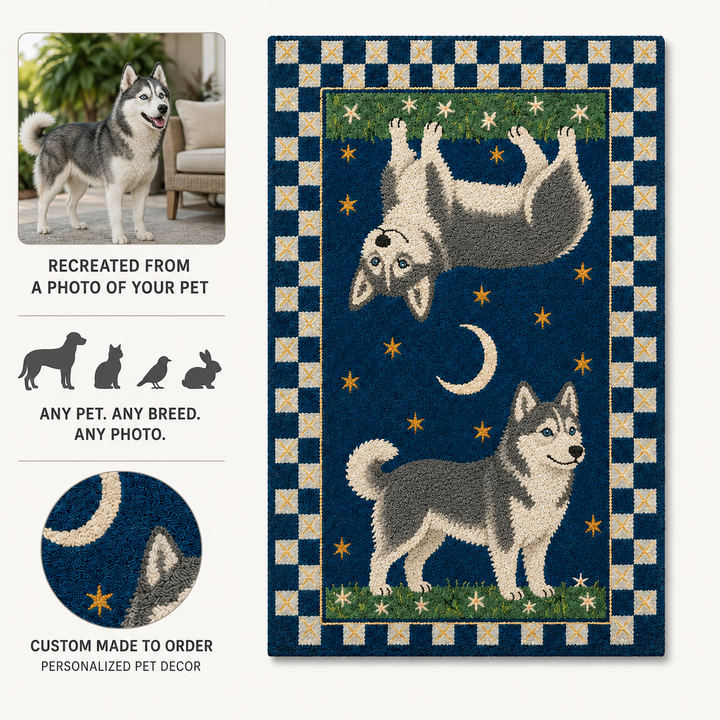Custom Celestial Pet Portrait Area Rug – Moon & Stars Design