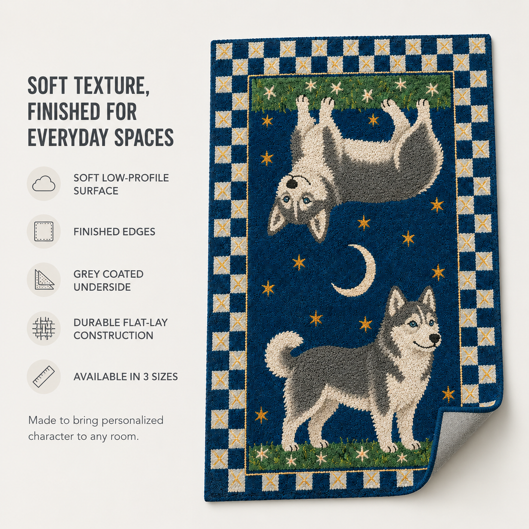 Custom Celestial Pet Portrait Area Rug – Moon & Stars Design