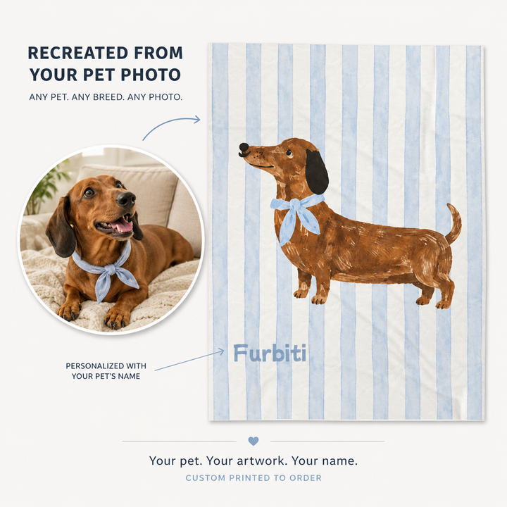 Custom Pet Portrait Velveteen Blanket – Blue Stripe
