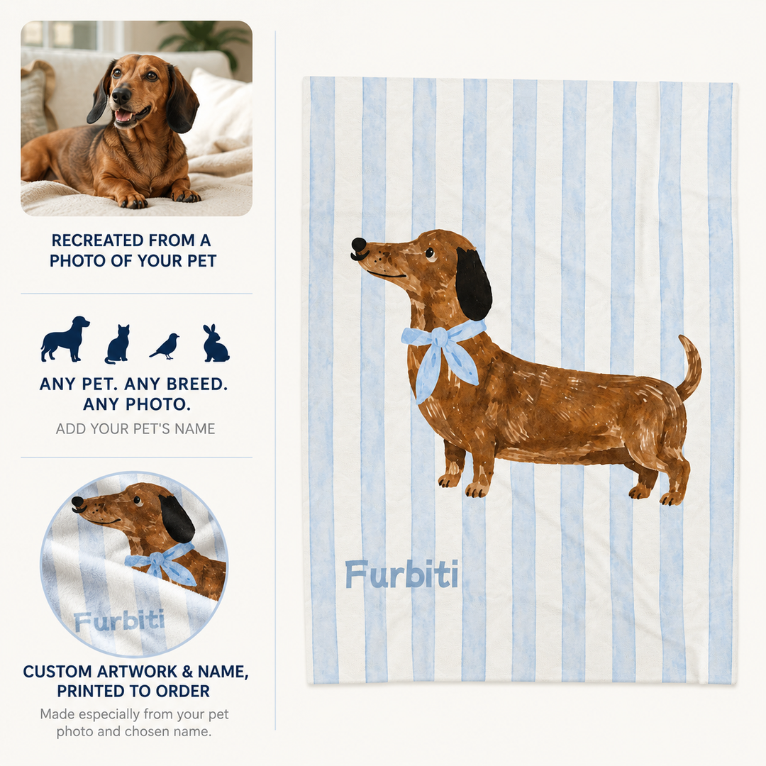 Custom Pet Portrait Velveteen Blanket – Blue Stripe