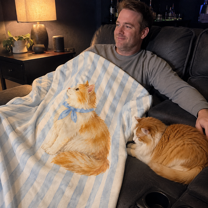 Custom Pet Portrait Velveteen Blanket – Blue Stripe