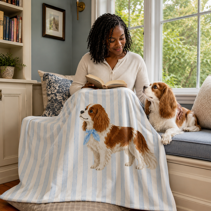 Custom Pet Portrait Velveteen Blanket – Blue Stripe