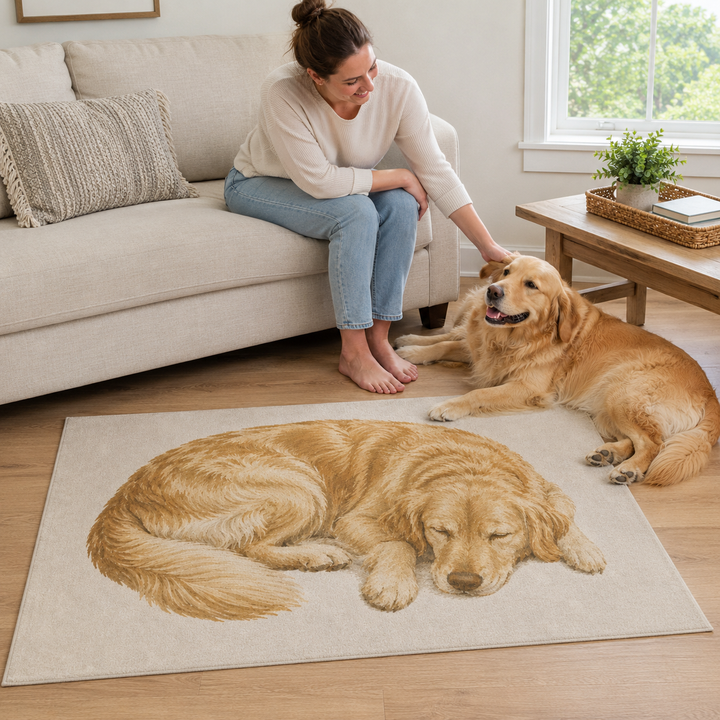 Custom Sleeping Pet Portrait Area Rug – Personalized Chenille Rug