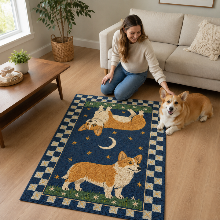 Custom Celestial Pet Portrait Area Rug – Moon & Stars Design