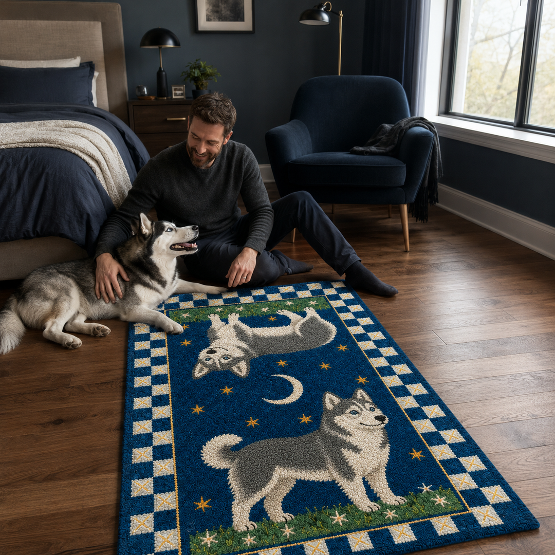 Custom Celestial Pet Portrait Area Rug – Moon & Stars Design