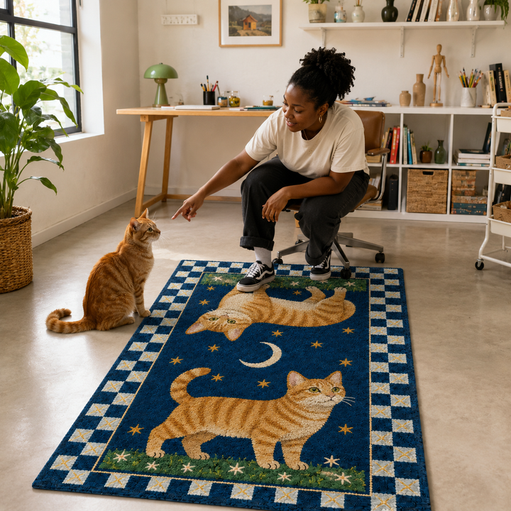 Custom Celestial Pet Portrait Area Rug – Moon & Stars Design