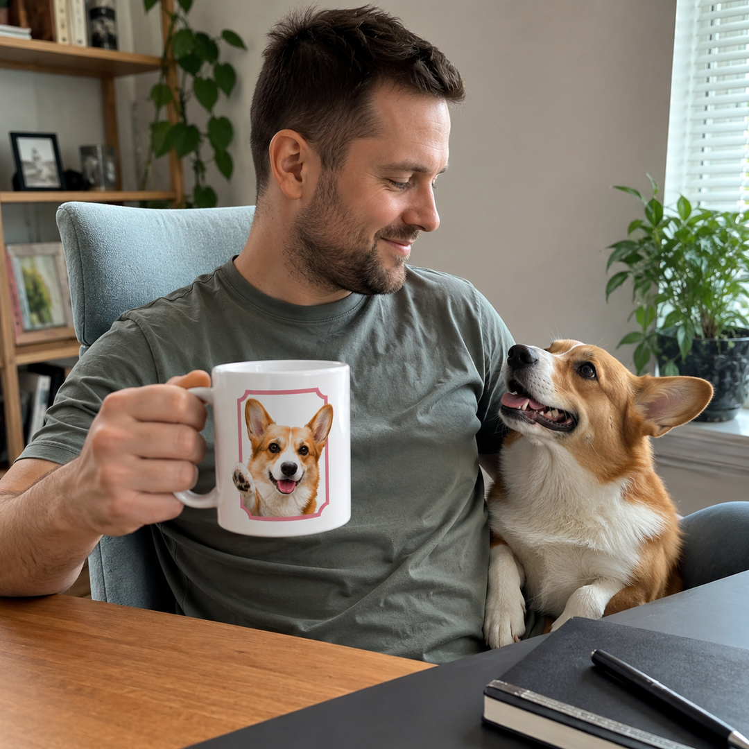 Custom Framed Pet Portrait Mug – Personalized Ceramic Cup