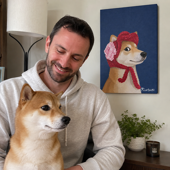 Custom Pet Canvas Portrait Displayed With Cat Owner
