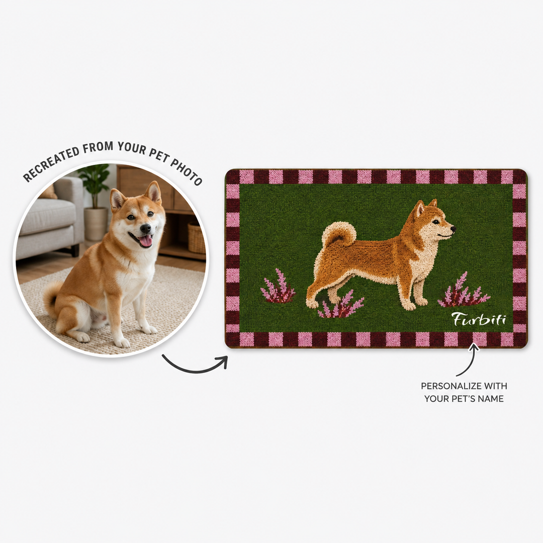 Custom Shiba Inu doormat flat product view on green background