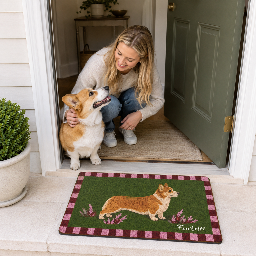 Custom Shiba Inu doormat styled in a home entryway with dog