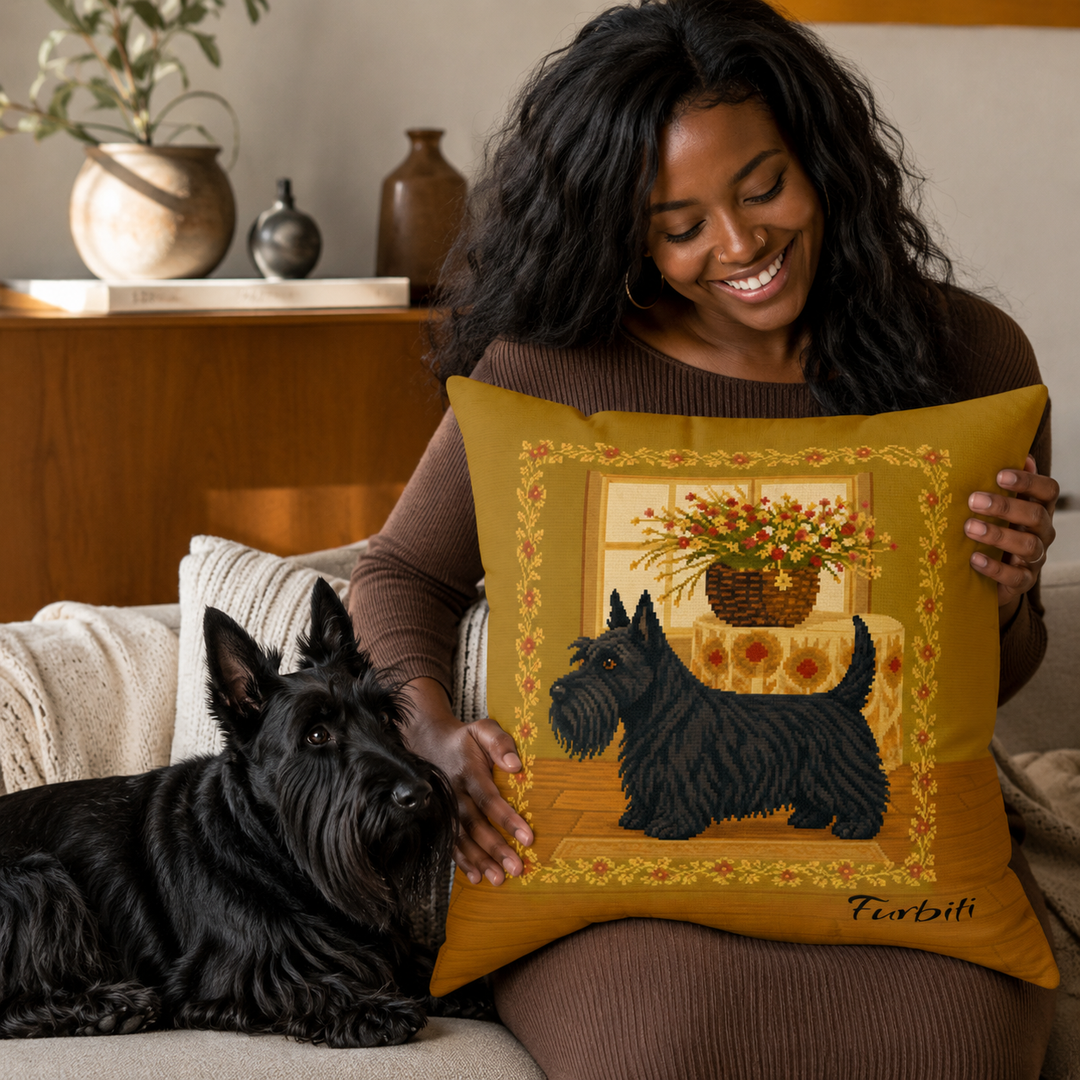 Custom black cat portrait pillow held by woman at home