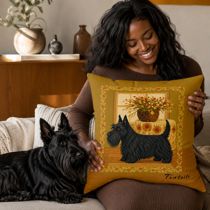 Custom black cat portrait pillow held by woman at home