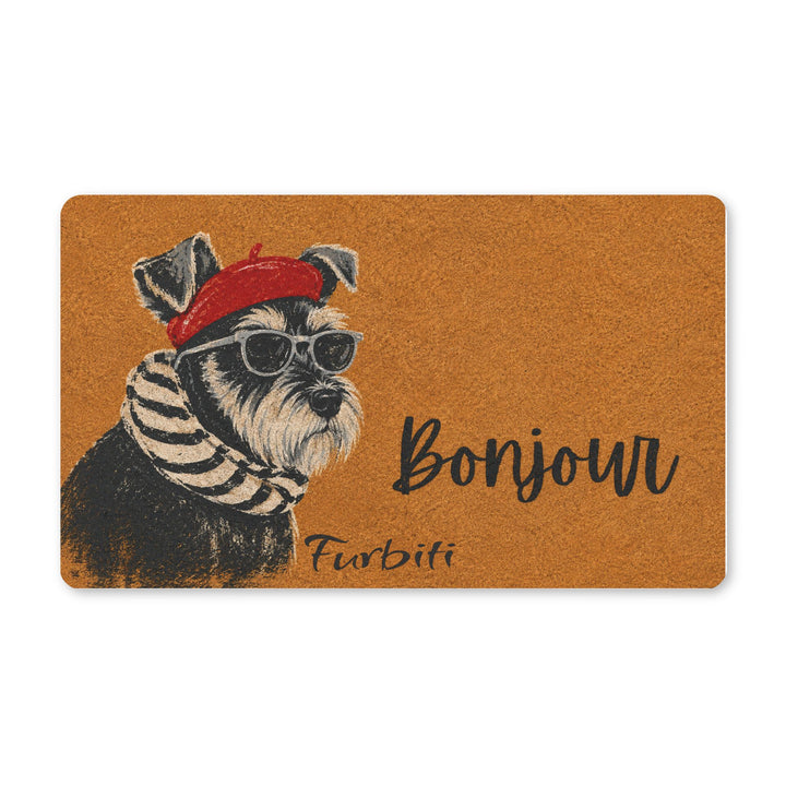 Custom bonjour dog portrait doormat close up product view