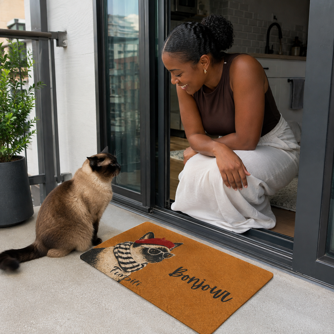 Custom bonjour pet doormat shown at home entryway