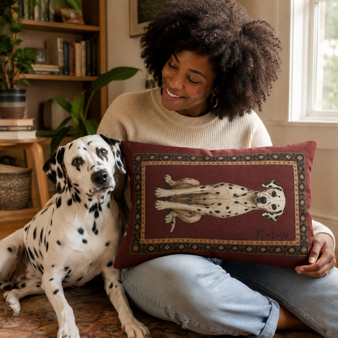 Custom burgundy dog lumbar pillow shown with woman at home