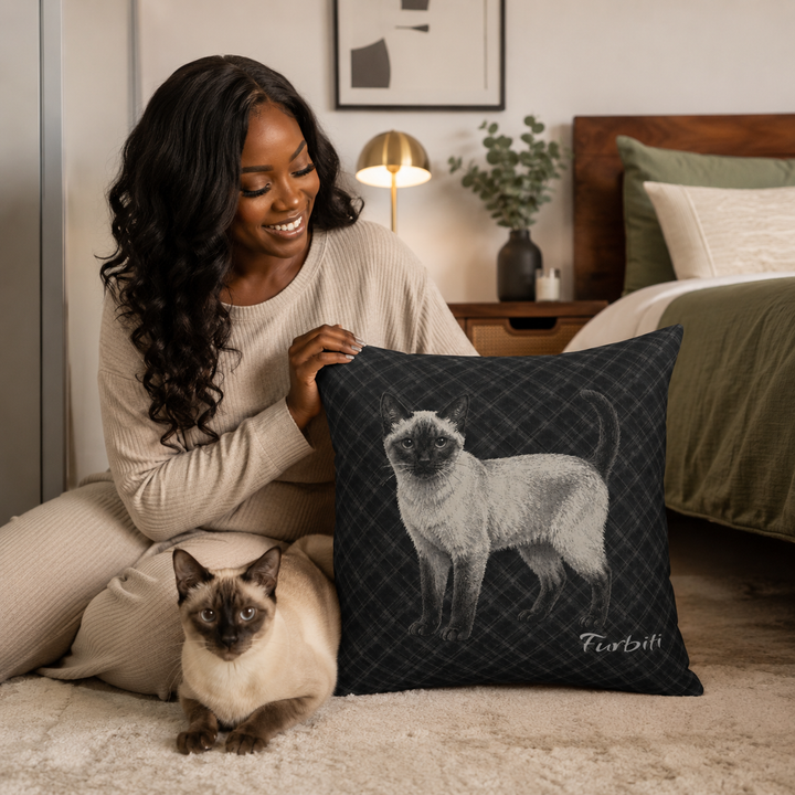 Custom charcoal pet pillow held by woman with cat