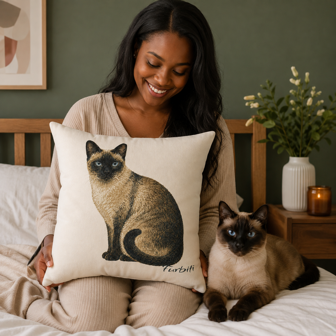 Custom cream cat pillow held by woman at home