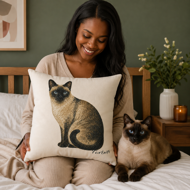 Custom cream cat pillow held by woman at home