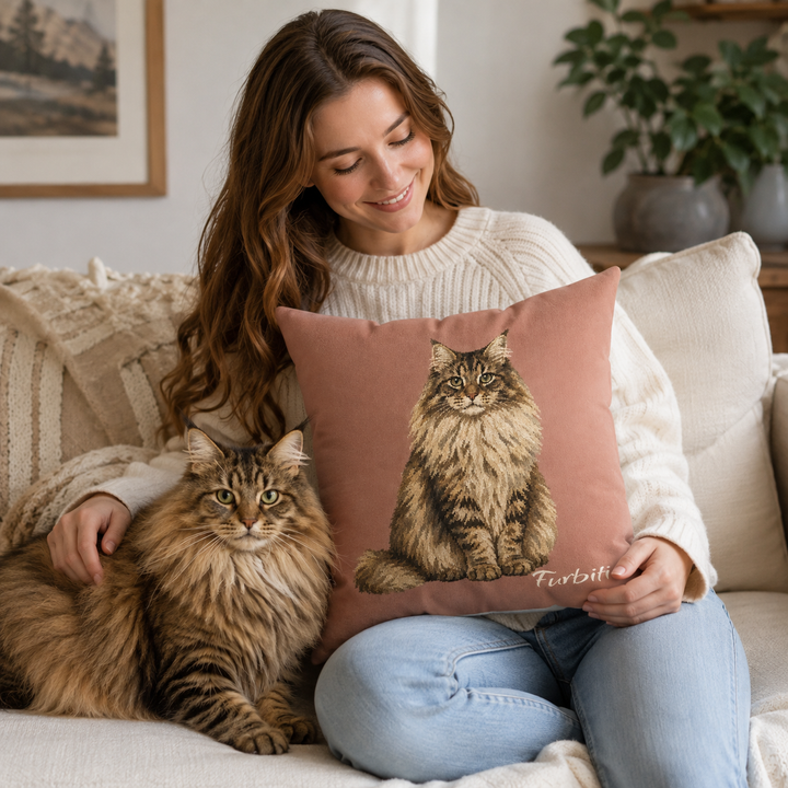 Custom dusty rose pet pillow shown with woman at home