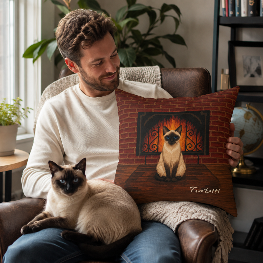 Custom fireside pet pillow shown with man at home