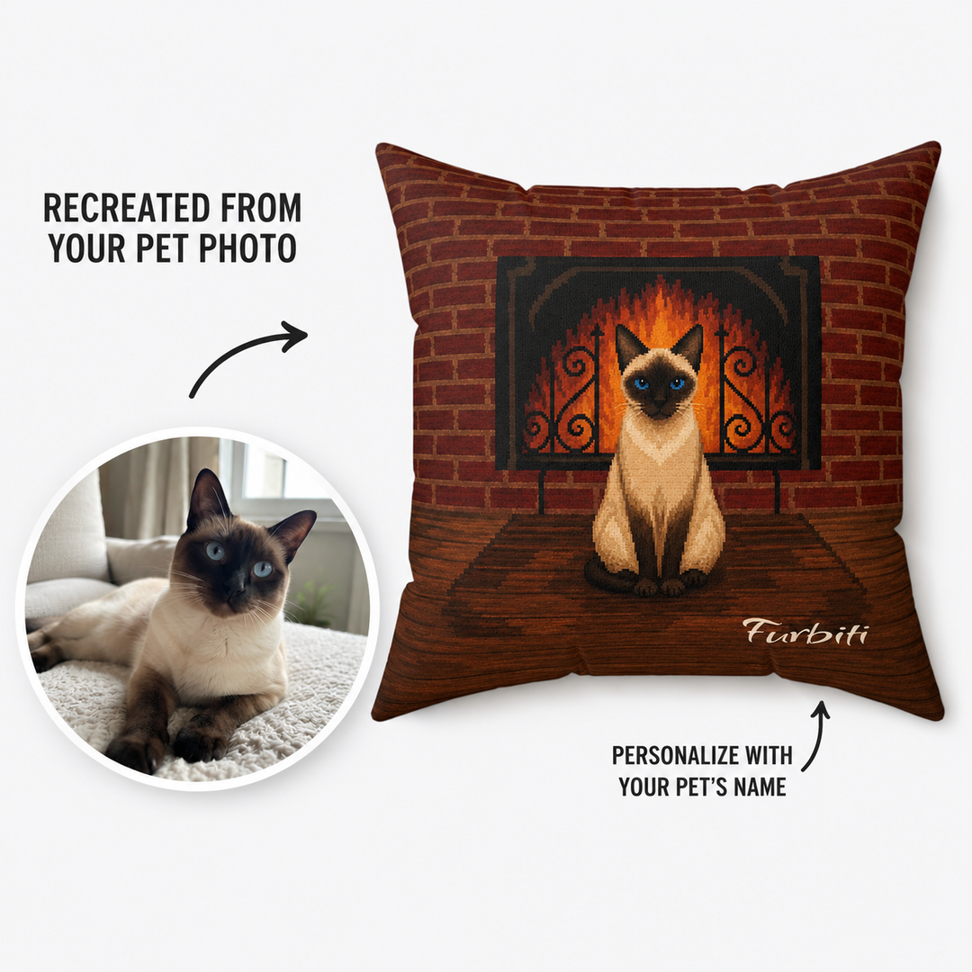 Custom fireside pet portrait pillow from photo with personalized name