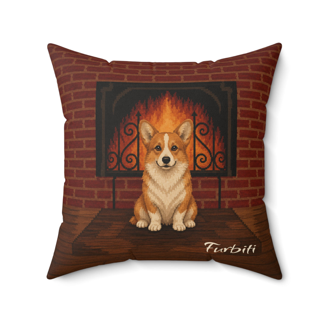 Custom fireside pet portrait pillow front close up view