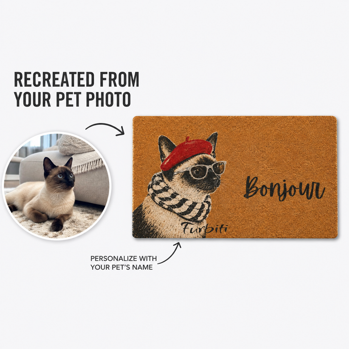 Custom french beret pet doormat from cat photo with name