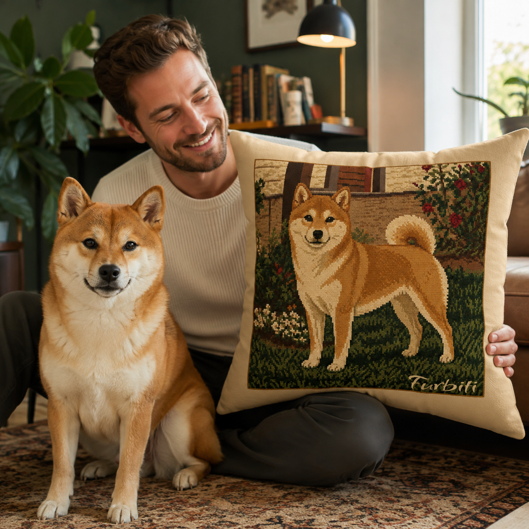 Custom garden dog pillow shown with man at home