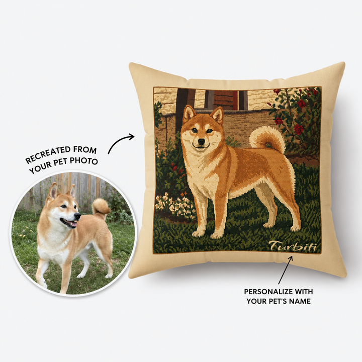 Custom garden portrait pet pillow from dog photo with personalized name