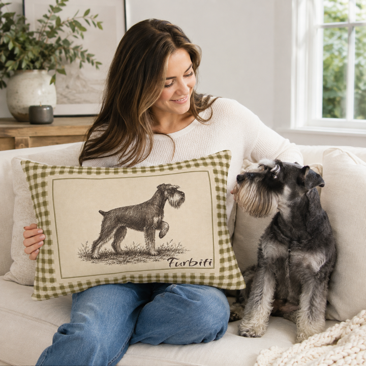 Custom gingham pet pillow styled with owner and dog
