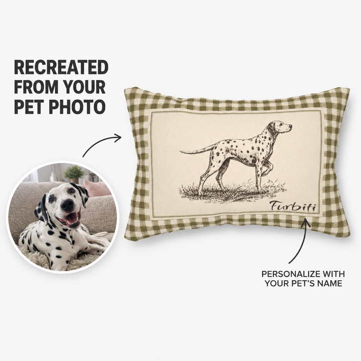 Custom gingham sketch pet lumbar pillow from dog photo with name