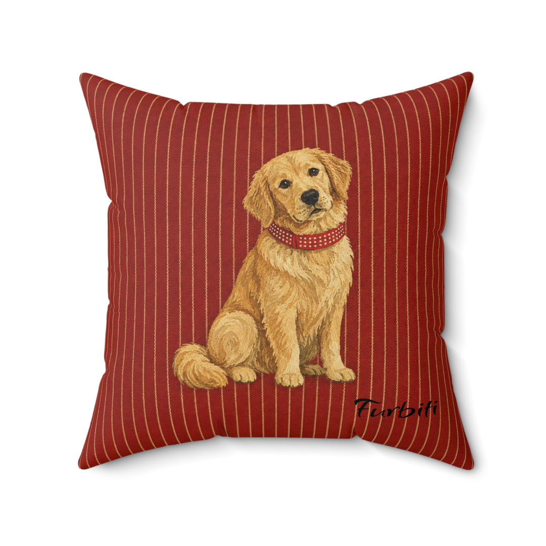 Custom golden dog red stripe pillow close up product view