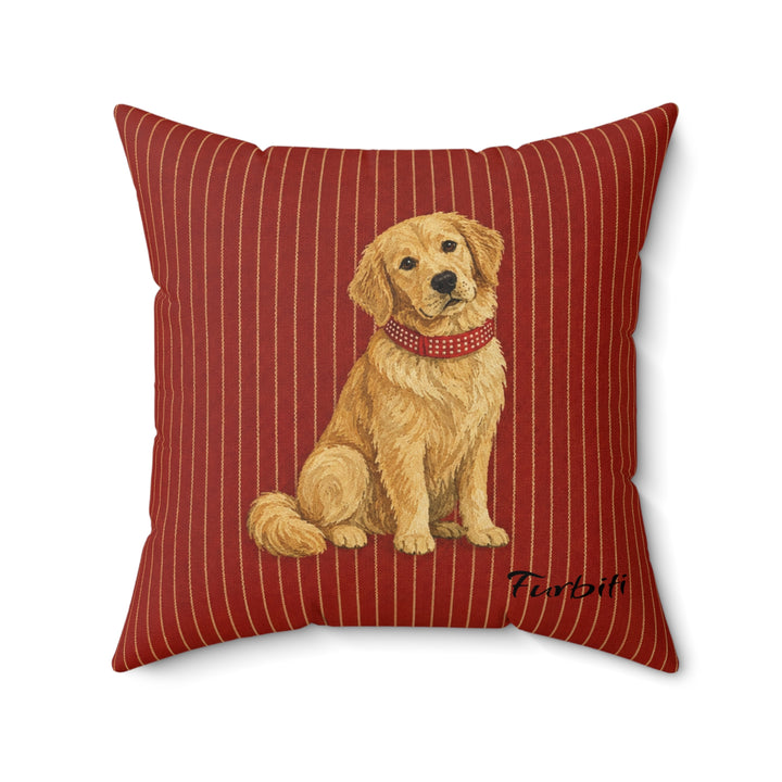 Custom golden dog red stripe pillow close up product view