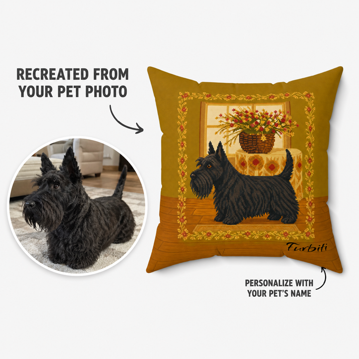Custom golden frame pet portrait pillow from cat photo with name