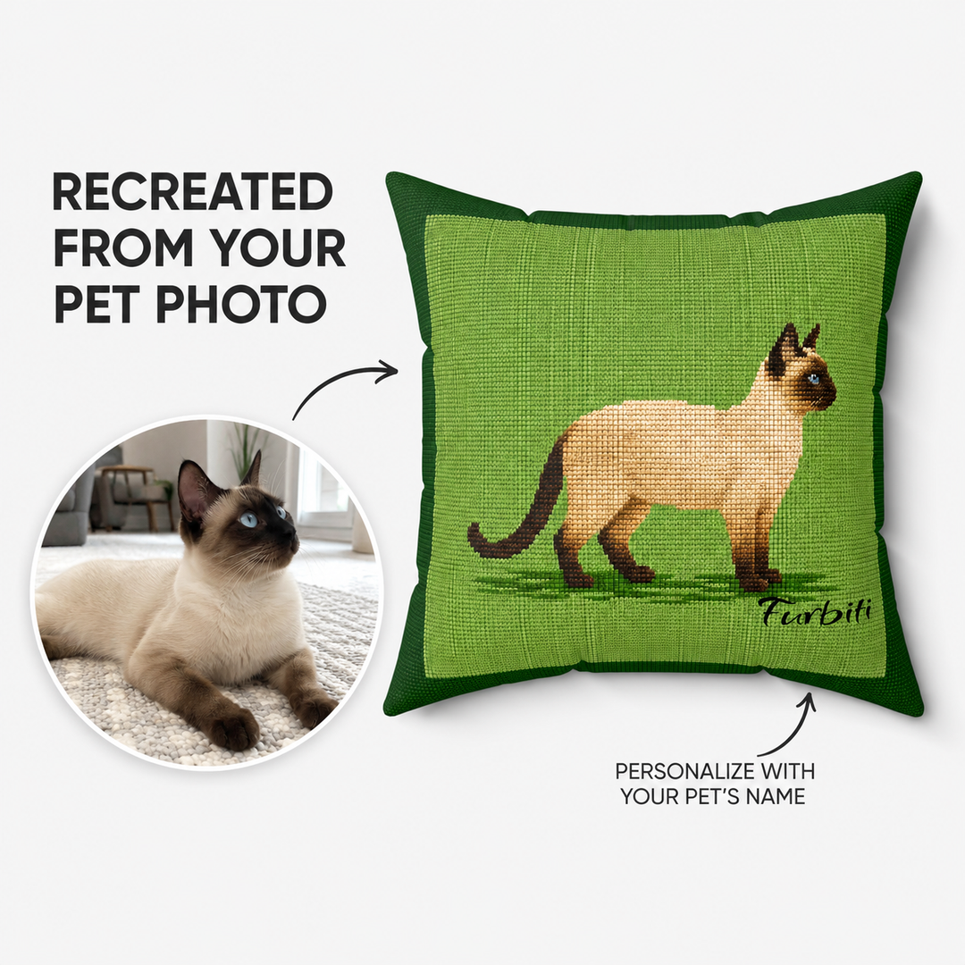 Custom green meadow pet portrait pillow from cat photo with name