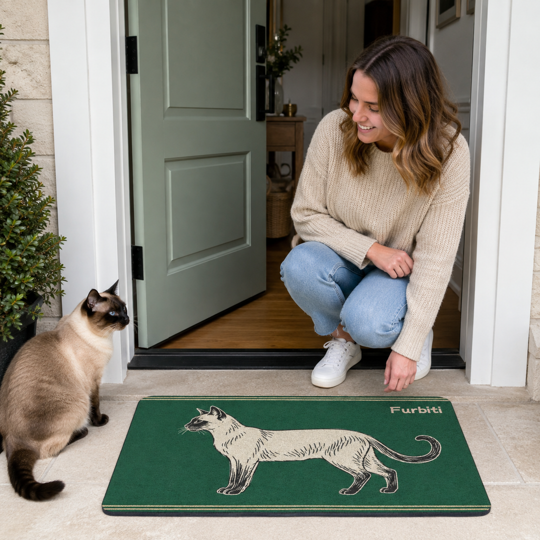 Custom green pet doormat displayed at a home entryway with a cat