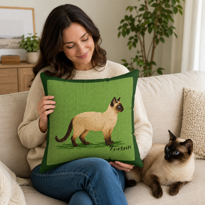 Custom green pet pillow held by woman at home