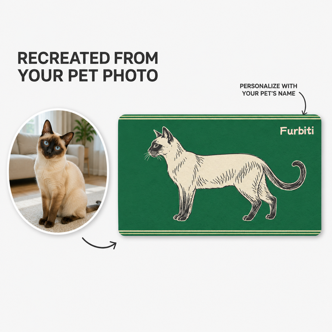 Custom green sketch pet doormat recreated from a cat photo with personalized name