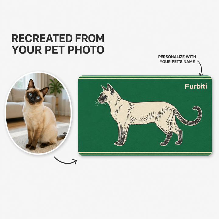 Custom green sketch pet doormat recreated from a cat photo with personalized name