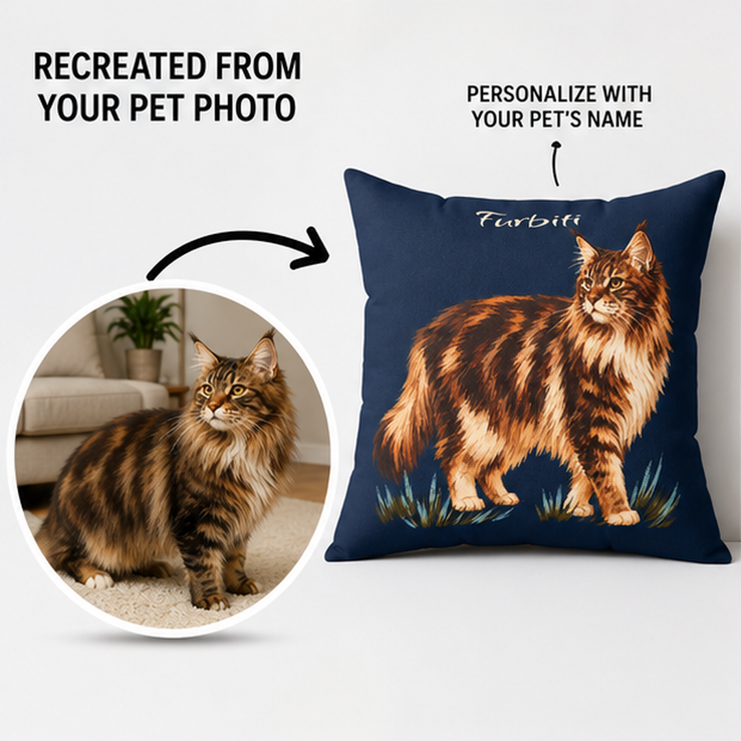 Custom midnight pet portrait pillow from cat photo with name