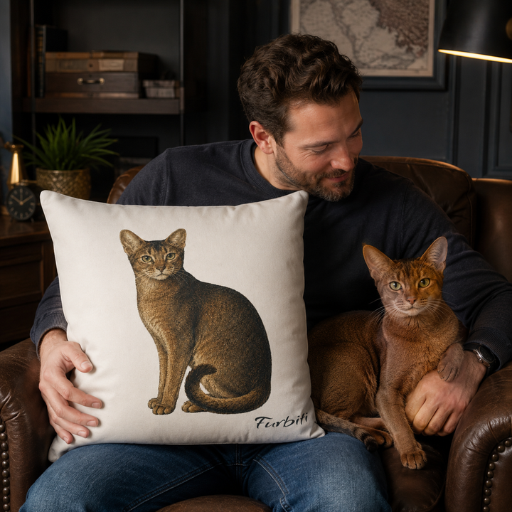 Custom minimal cat pillow shown with man at home