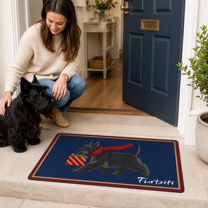 Custom navy cat doormat displayed at the doorway