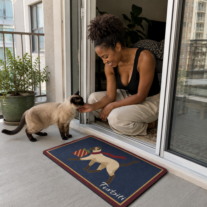 Custom navy cat doormat displayed indoors with pet owner