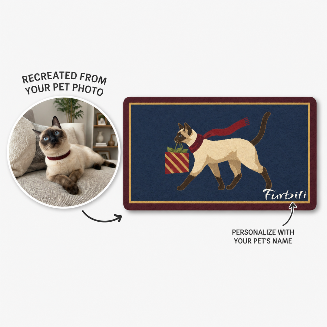 Custom navy cat doormat with striped yarn ball and personalized name