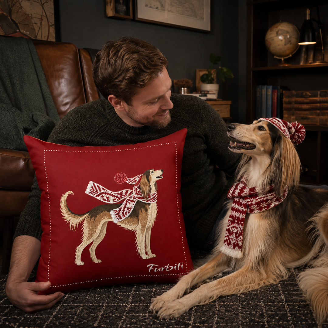 Custom newspaper bandana dog pillow held by man