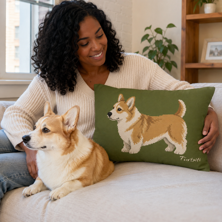 Custom olive green pet lumbar pillow shown with woman and corgi