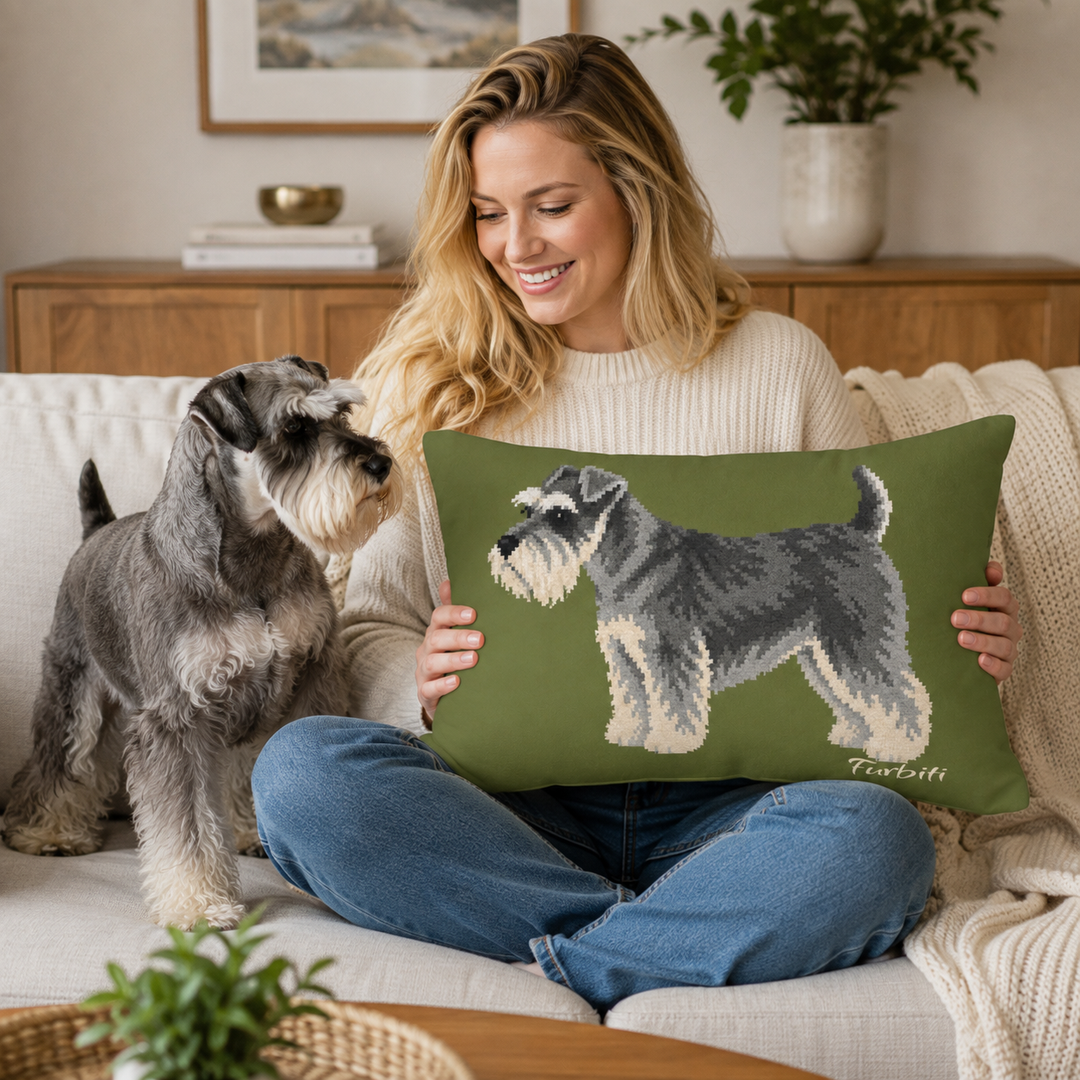 Custom olive green pet lumbar pillow shown with woman and dog